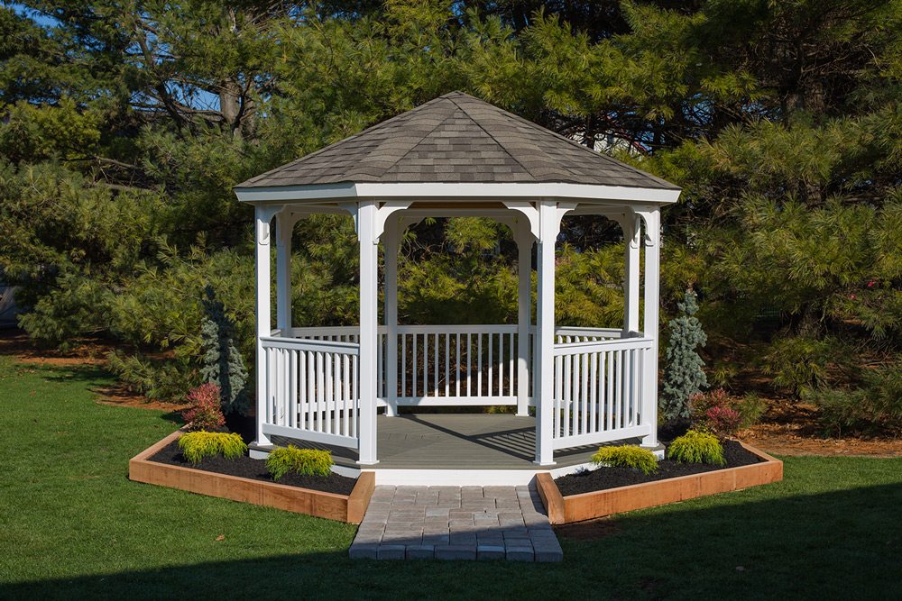 vinyl-gazebo-octagon Octagon Vinyl Gazebo shown with optional floor.