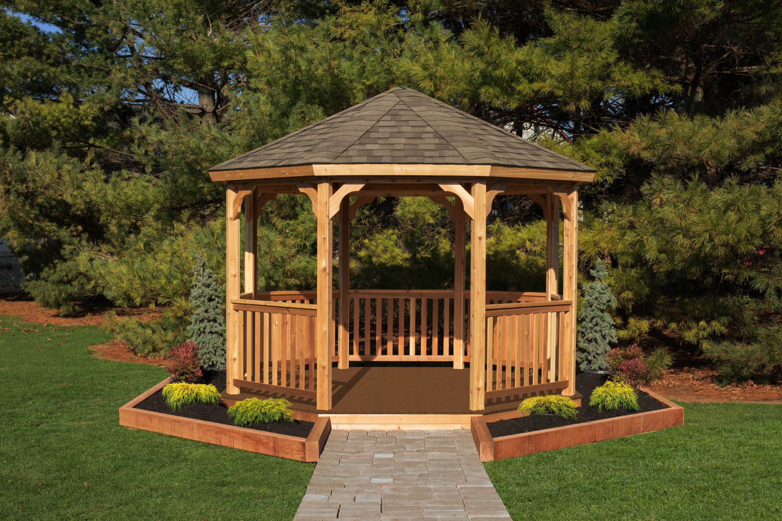 Cedar stained, wooden octagon gazebo.