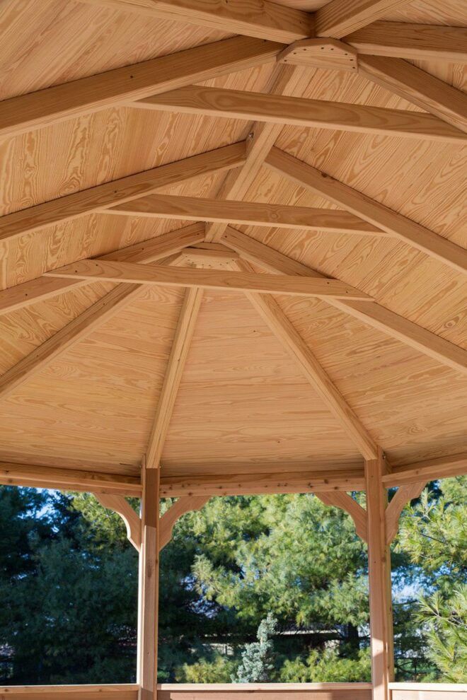 Underside wood, oval shaped, gazebo roof.