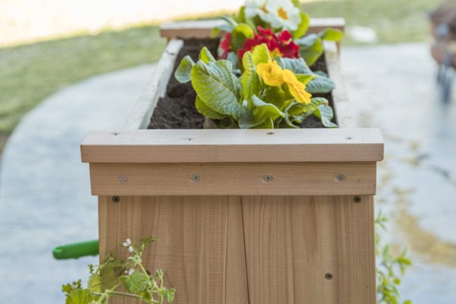 Elevated garden planter with flowers plated in the trough on top and herbs growing on side shelves.