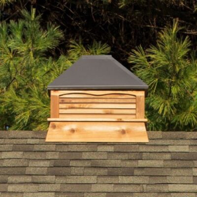 Rectangle cedar cupola with a bronze metal roof.