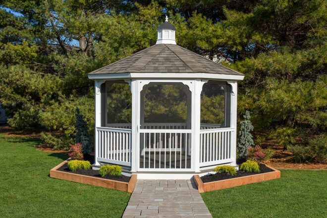 White vinyl gazebo with screen package.