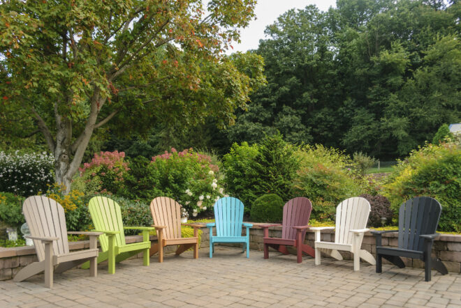 7 Adirondack chairs on patio.