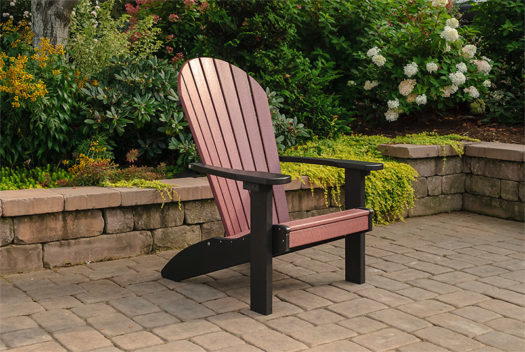 Cherry and black poly Adirondack chair.