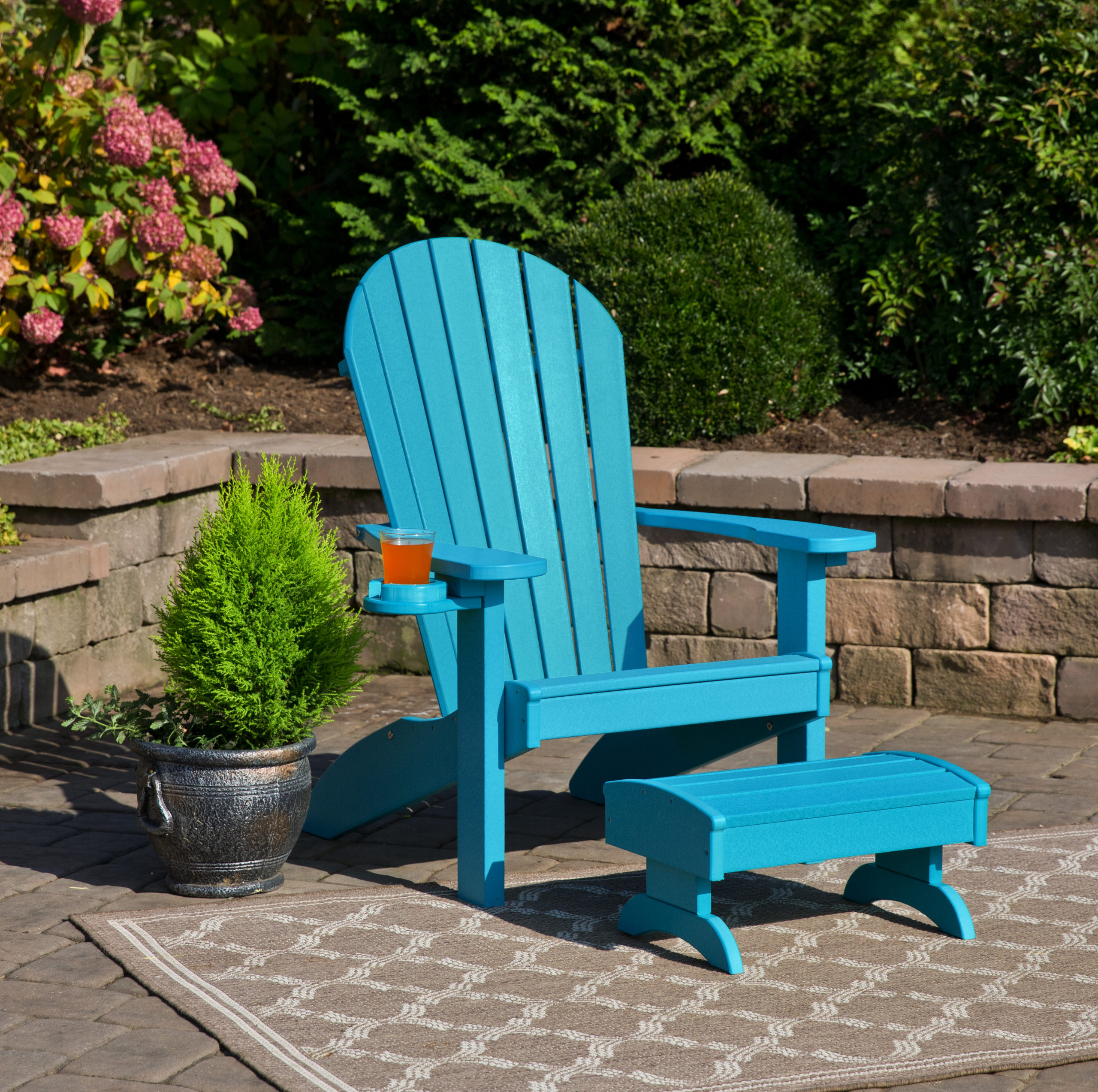 Aruba blue poly Adirondack chair & footstool.