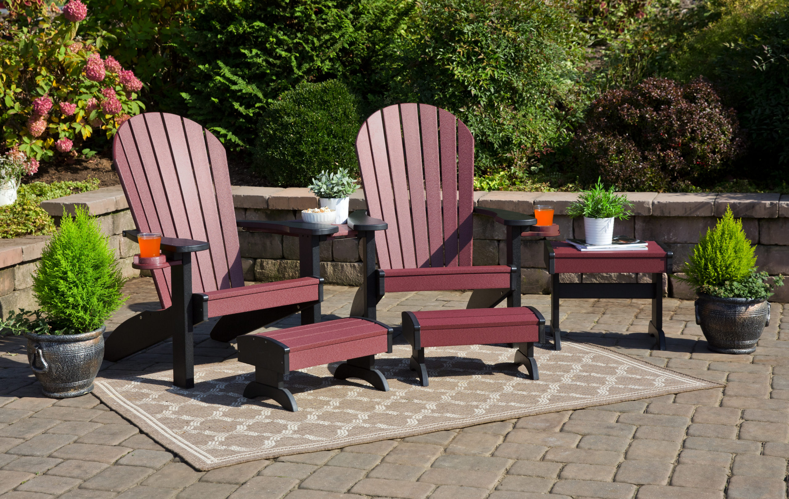 Cherry and black poly Adirondack chair set.