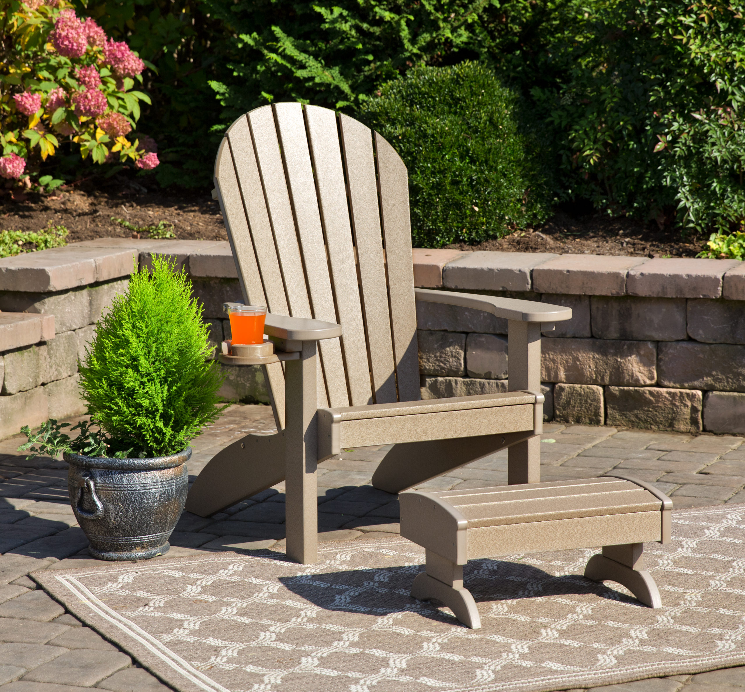 Weathered poly wood classic Adirondack chair set.