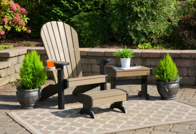 Weathered poly wood and black deluxe Adirondack chair set.