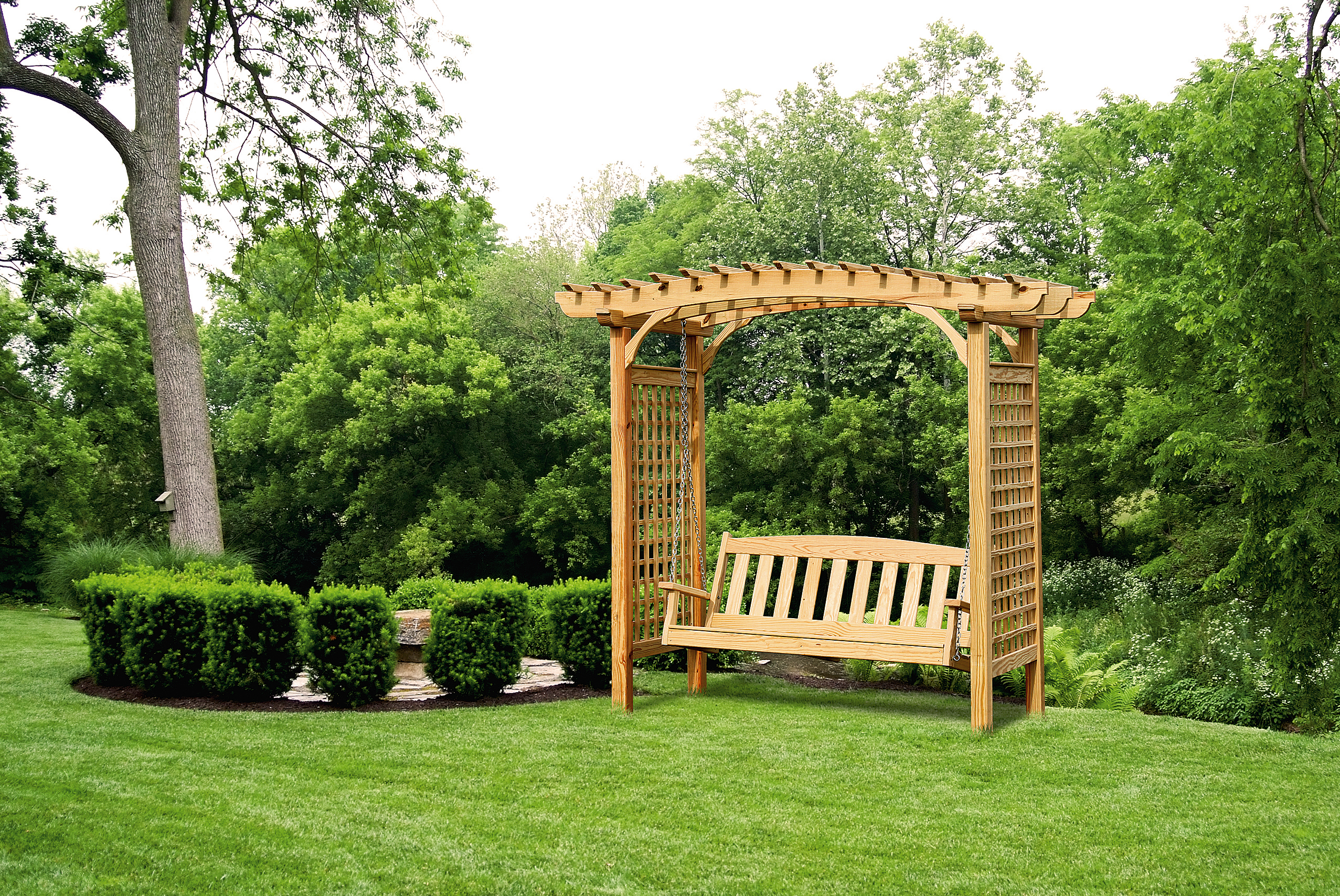 Wooden, Brandywine style, arbor with a swing.