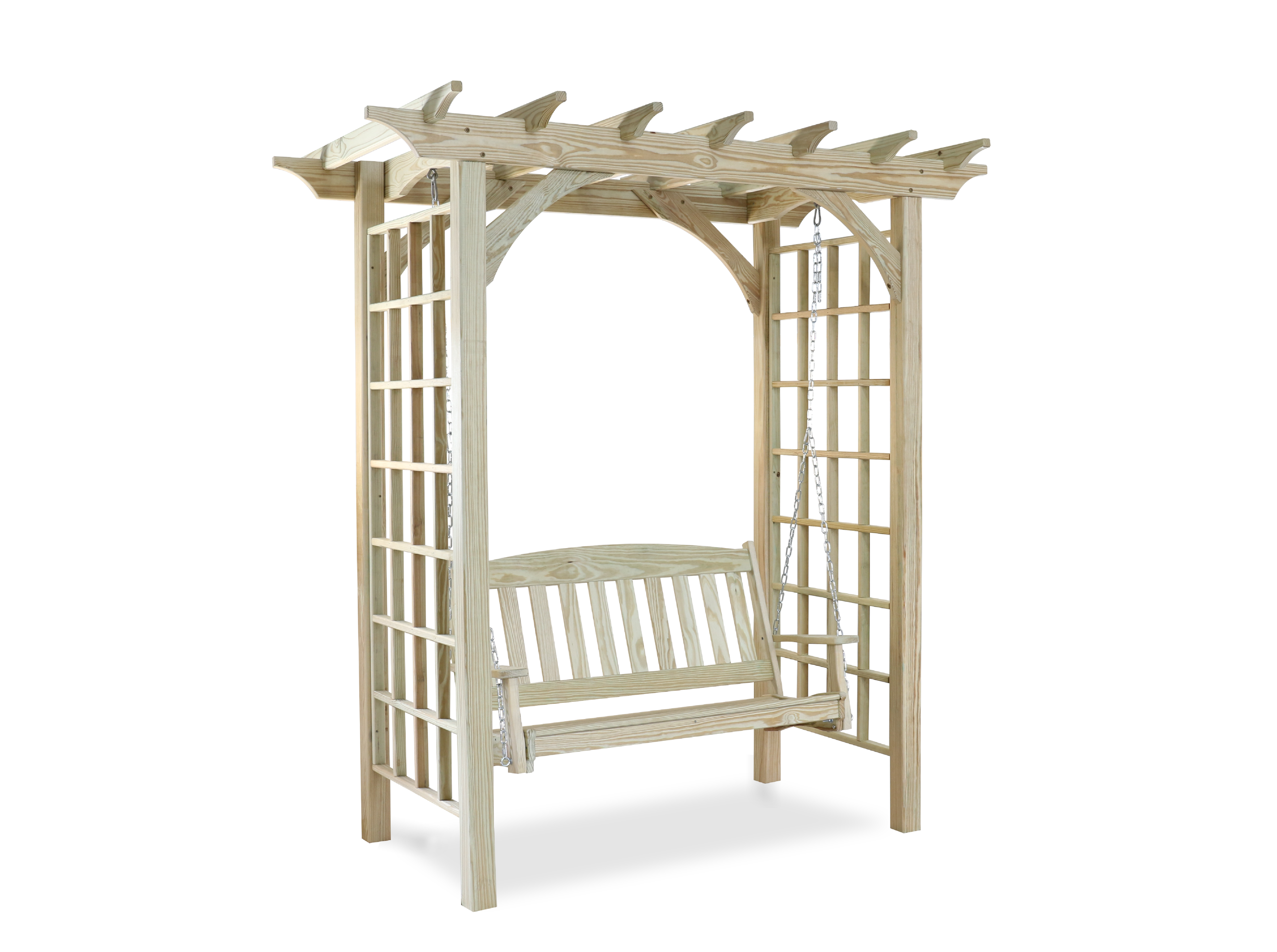 Wooden, Brandywine style, arbor with a swing.