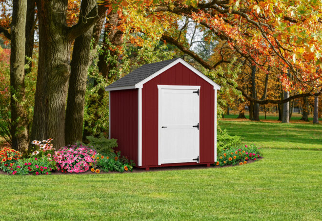 Red and white garden shed.