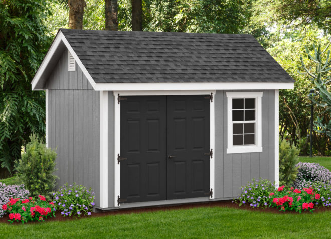 8 by 12 light gray shed with dark gray doors.