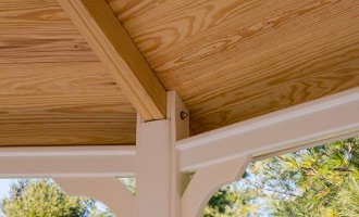 Gazebo material options comparison showing cedar wood, vinyl, and pine construction